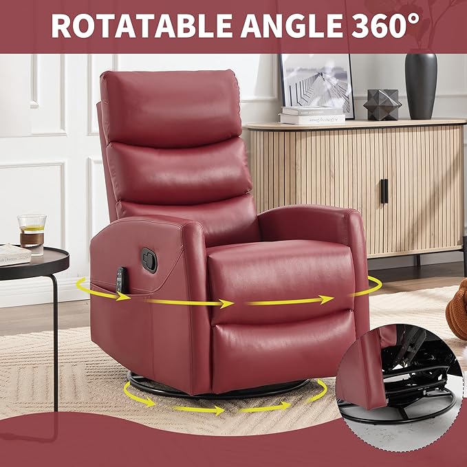 Manual Swivel Rocker Recliner Chair for Adults, Overstuffed Reclining Glider Chair for Nursing with Vibration Massage & Heat, Living Room Rocking Recliner 3-Stage backrest, Faux Leather Red-Ruum Studio Home