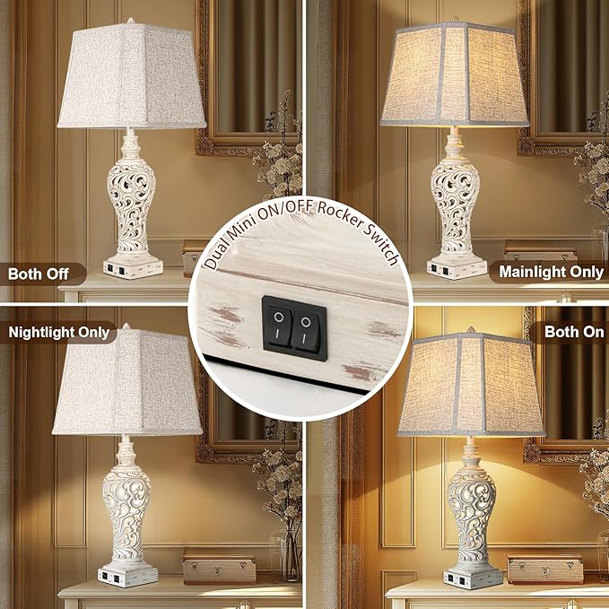 32" Tall Table Lamps Set of 2 - Bedside Lamp with Fabric Shades - for Bedroom and Living Room with USB and Nightlight - Perfect for Nightstands and Bedrooms - Bulbs Included-Ruum Studio Home