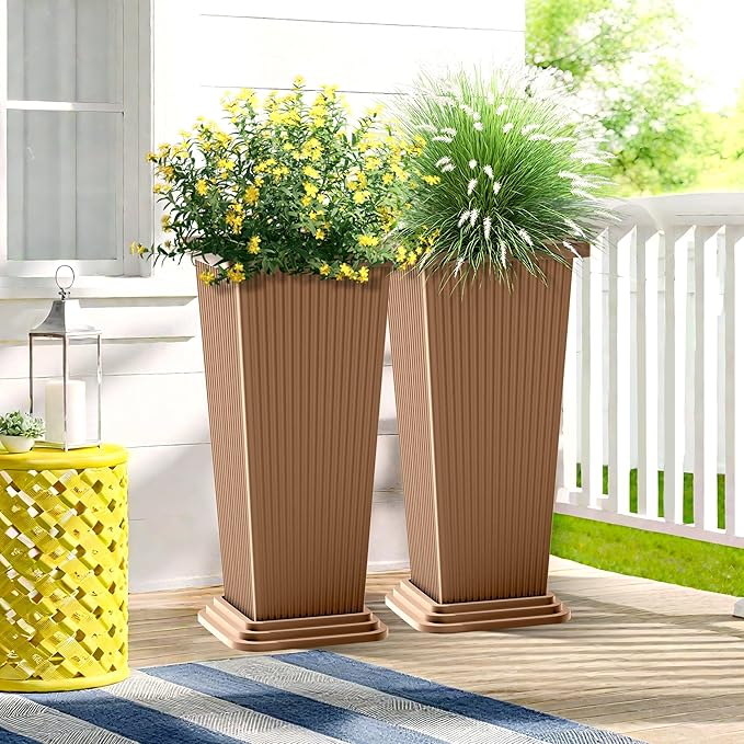 FENCY Set of 2 Tall Planters for Outdoor Plants, 24 Inch Large Tapered Pots with Drainage Trays, Weather-Resistant Plastic Plant Containers for Patio, Porch, Garden, Front Door Decor,Brown, Striped-Ruum Studio Home