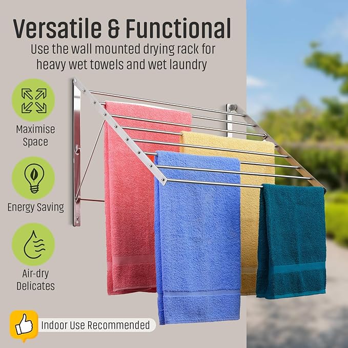 Smartsome | Wall Mounted | Clothes Drying Rack| 22" Wide |15 Linear Feet Capacity | 8 Smooth Round Stainless Steel Rods | 60 lb Capacity | Fully Assembled | Compact Sturdy Space-Saving Design-Ruum Studio Home