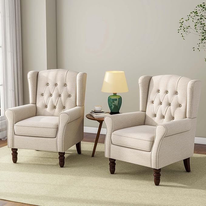 Accent Chair, Upholstered Armchair with Button Tufted High Back & Solid Wood Legs, Comfy Wingback Reading Single Sofa Chair for Small Spaces, Living Room, Bedroom (Beige, Set of 1)-Ruum Studio Home