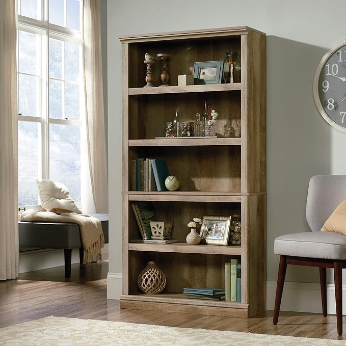 Sauder 5 Tier Book Shelf Wooden Bookcase Multipurpose Bookshelf for Home Office, Living Room, in Lintel Oak-Ruum Studio Home