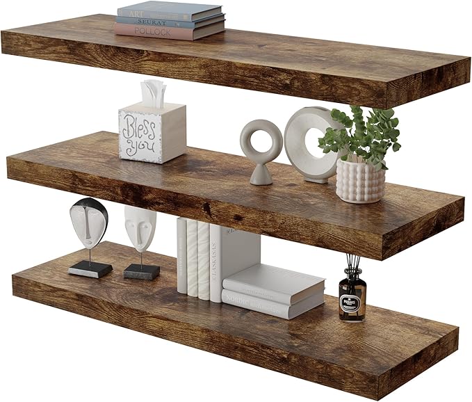 Large Floating Shelves for Wall Set of 3 Wooden Wall Shelves 24 in x 12.75 in x 2 in Room Decor Long Shelf with Invisible Wall Mount Bracket for Bedroom Kitchen Living Room Rustic Brown-Ruum Studio Home