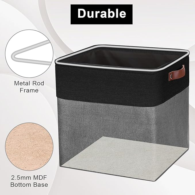 13x13 Cube Storage Bins, Collapsible Fabric Storage Box, 4 Pack Closet Baskets with Handles for Organizing, Shelf, Toys, Clothes, Home, Office, Nursery (Grey&Black)-Ruum Studio Home
