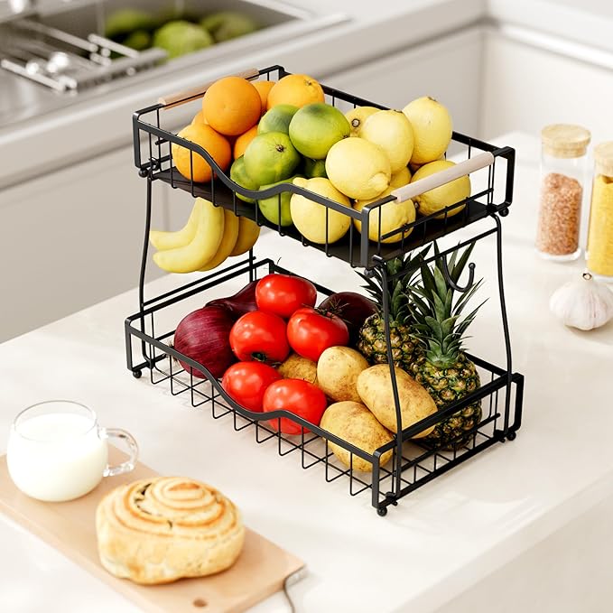 2 Tier Fruit Basket with 2 Banana Hangers, Fruit Bowl for Kitchen Countertop with 2 Wooden Handle, Detachable Metal Fruit Holder for Vegetable Bread with 2 Protective Pads, Black-Ruum Studio Home