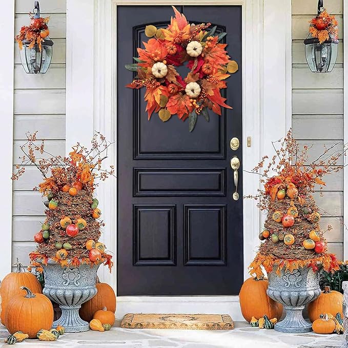 Fall Wreaths for Front Door, DECSPAS 21" Fall Wreath with Maple Leaves Pumpkin Berries, Autumn Decorations for Home, Artificial Harvest Door Wreath Outside, Window, Wall, Fireplace, Thanksgiving Decor-Ruum Studio Home