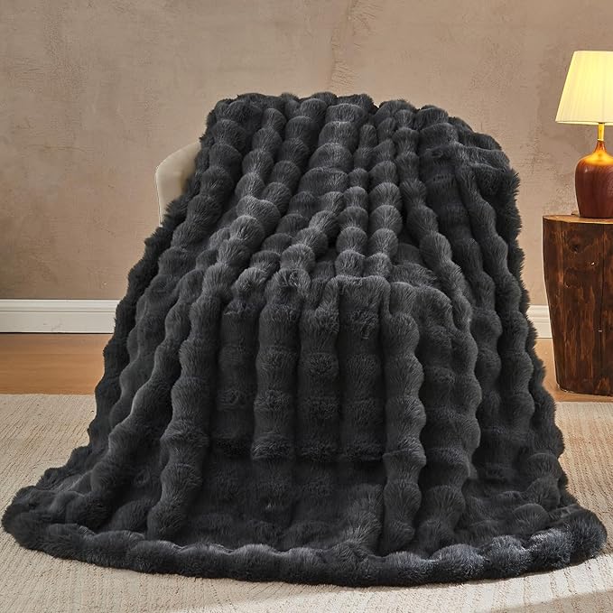 Lotus Karen Faux Fur Blanket Dark Gray Twin Size - Big Bubble Rabbit Fluff Throws for Couch Small Fluffy Fuzzy Cozy Thick Furry Plush Shaggy Blankets 60x80 Inches-Ruum Studio Home