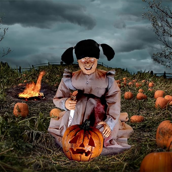 Haunted Hill Farm Lunging Pumpkin Carver Zombie Girl by Tekky, Motion-Activated Talking Halloween Animatronic for Indoor or Covered Outdoor Creepy Halloween Decorations, Plug-in or Battery Operated-Ruum Studio Home