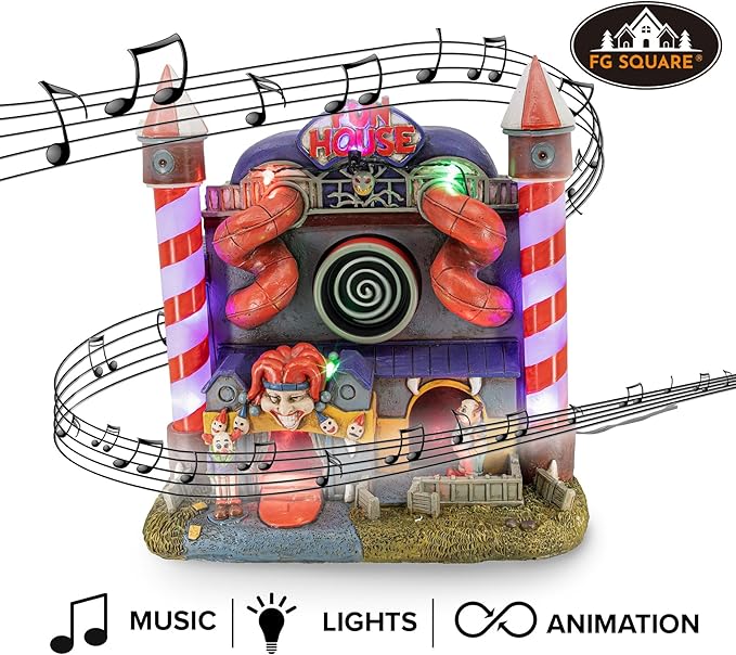 Carnival Funhouse Clown Theme Spooky Halloween Village Multi-Color LED Lights, Motion and Music 9.25" x 5.75" x 9.5"-Ruum Studio Home