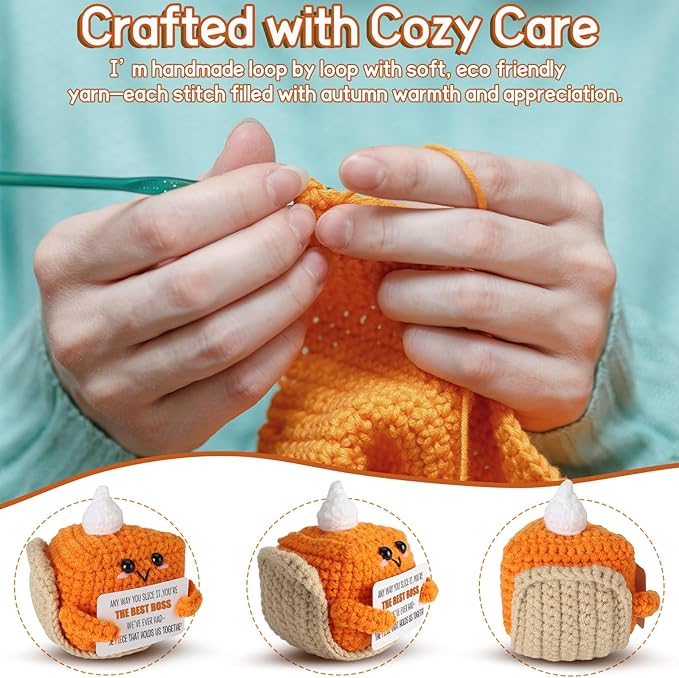 Crochet Pumpkin Pie Gift Idea for Boss – Funny Handmade Appreciation Plush with card “Best Boss” – Farewell Gifts for Women Men, Office Desk Decor, Mini Thank You Token for Manager, Supervisor, Leader-Ruum Studio Home