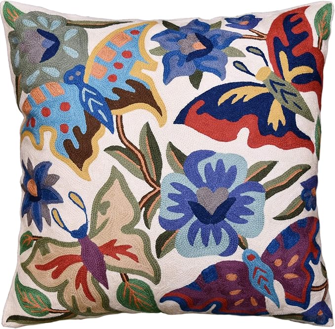 Butterfly Floral Decorative Pillow Cover Moth Botanical Flower Pillowcase Couch Hand Embroidered Flowery Outdoor Cushion Chair Suzani Accent Wool 18x18 Inch-Ruum Studio Home