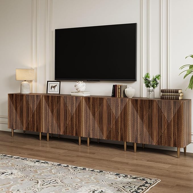 Set of 2 Fluted TV Stands with Storage, 65 Inch Accent Sideboard Large Console Table with Adjustable Shelves, Mid Century Modern TV Cabinets for Living Room, Dining Room, Walnut-Ruum Studio Home