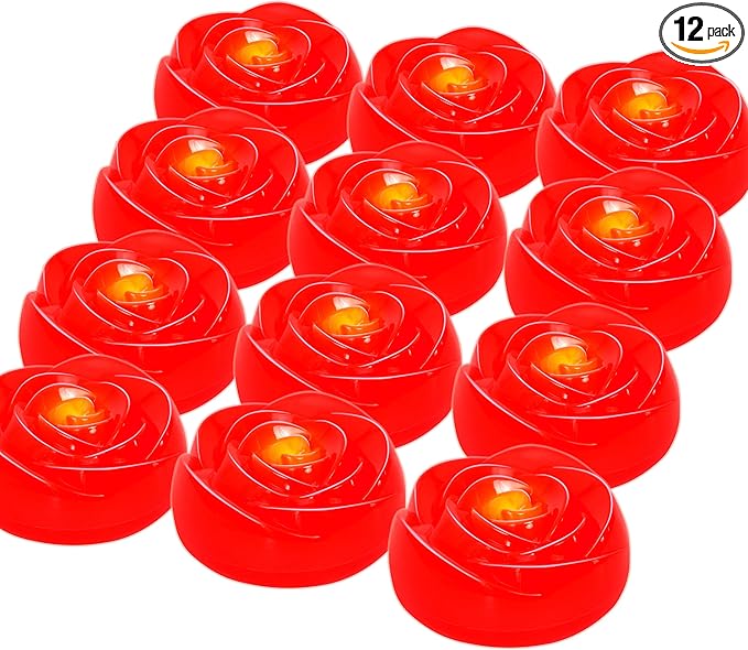 Aignis 12pcs Flameless LED Floating Candles, Red Rose Plastic Tealights Battery Operated, 120+ Hours Glow Time, Cozy Light for Romantic Pool/Bathtub/Hot Bath/Wedding Centerpiece Decor(D2.83 * H1.42)-Ruum Studio Home