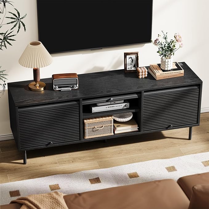59 Inch TV Stand with Power Outlet for TVs up to 65 Inch, Entertainment Center with Storage, Mid-Century Modern TV Console, Adjustable Shelf & Sliding Doors, TV Stand for Living Room, Bedroom, Black-Ruum Studio Home