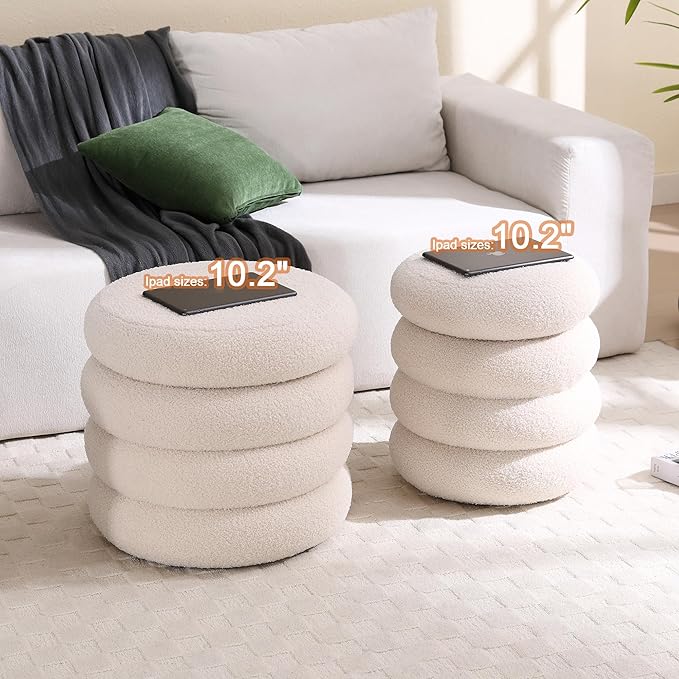 ONEVOG 20" Round Storage Ottoman with Removable Lid, Off-White Boucle Fabric Footrest Pouf, Sherpa Tufted Small Coffee Table Vanity Ottoman Foot Stools for Living Room Couch, Bedroom, Dorm, Nursery-Ruum Studio Home