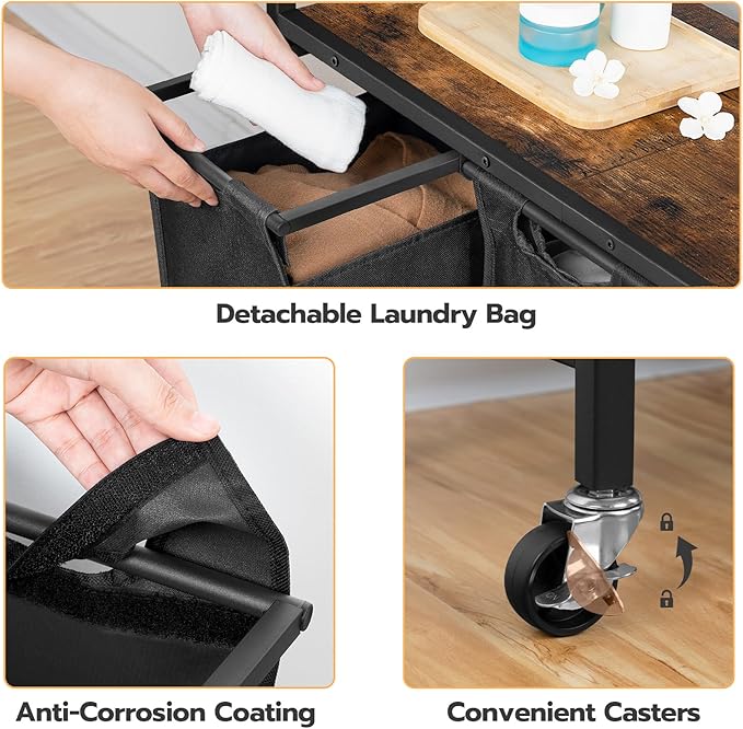 HOOBRO Laundry Sorter 3 Section, Laundry Hamper with Wheels, 3 × 11.5 Gal (43.5 L), Rolling Laundry Basket, Pull-Out and Removable Oxford Fabric Laundry Bags, Rustic Brown and Black BF76XY01-Ruum Studio Home