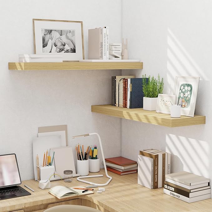 Fun Memories Floating Shelves for Wall 36 Inches, Wood Shelves with Invisible Bracket, 10" Deep Shelves Wall Mounted, Large Wood Floating Shelves for Living Room Bathroom, Oak, Set of 2-Ruum Studio Home