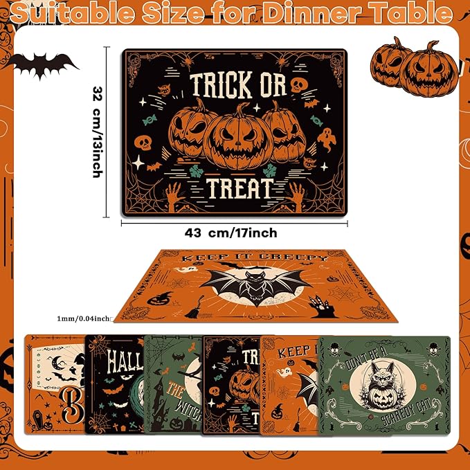 Halloween Placemats Set of 6 Gothic Bat Plastic Table Mats Pumpkin Witch Skull Ghost Halloween Place Mats Washable Vinyl Rustic Table Decoration for Indoor Outdoor Party Kitchen Dining-Ruum Studio Home