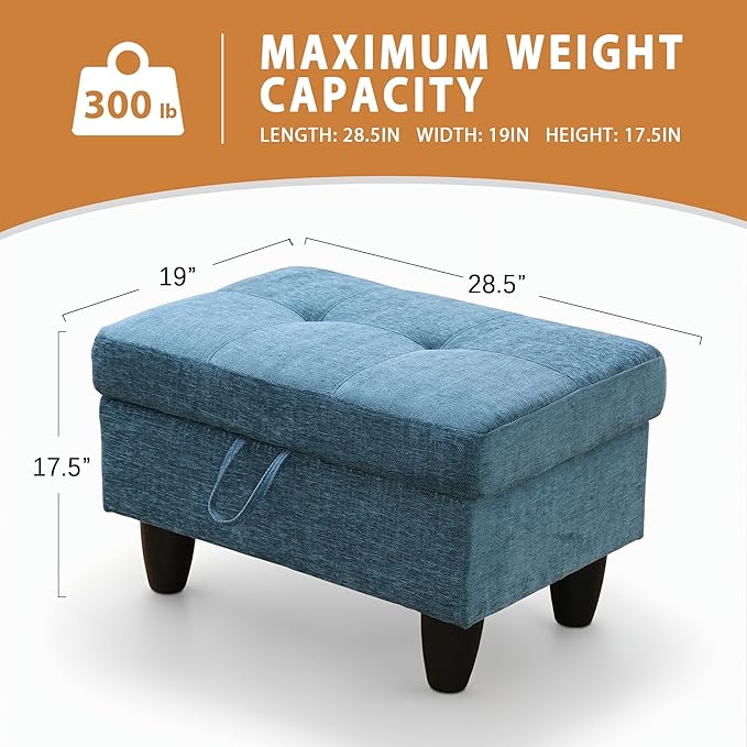 Ottoman Rectangular Storage Ottoman Bench, Flannel Footrest Stool Footstool with Lid for Living Room, Bedroom, Entryway, Light Blue, 28.5"x19"x17.5"-Ruum Studio Home