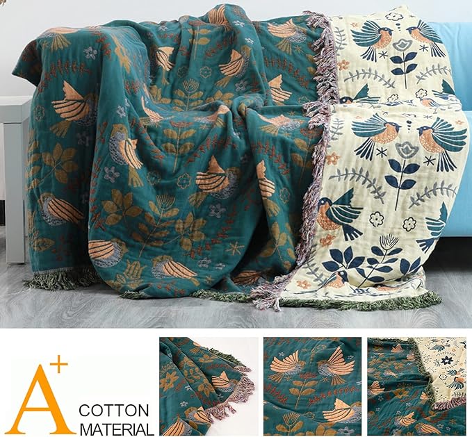 Boho Throw Blanket for Bed Couch 100% Cotton Woven Bed Throws for All Season Lightweight and Soft Cozy Farmhouse Reversible Muslin Decorative Blanket for Travel Picnic, Teal/Cream, 91''x98''-Ruum Studio Home
