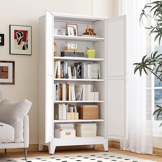 Kitchen Pantry Storage Cabinet with Doors and Adjustable Shelves, Metal ClosetMaid Food Pantry Cabinets, 75" Tall Freestanding Cupboard for Kitchen, Laundry or Utility Room, White-Ruum Studio Home