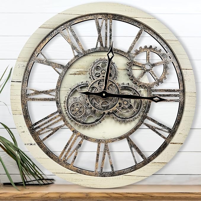The B-Style Large Wall Clock 24 inch Moving Gear Wall Clock Oversized Vintage Farmhouse Wall Clocks for Living Room Decor Rustic Industrial Wood Clock (Desert Beige, 24 inch/60cm)-Ruum Studio Home