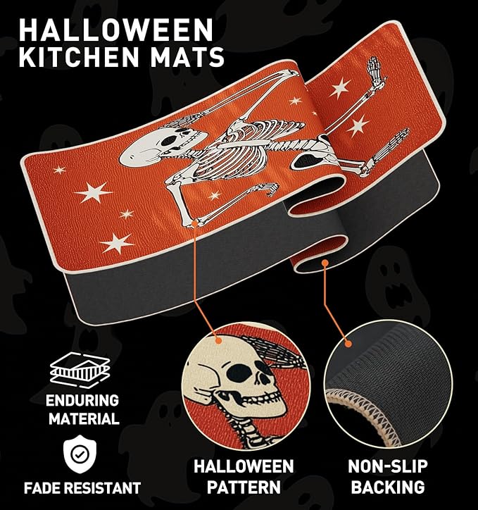 Halloween Kitchen Mat Set of 2, Spooky Skeleton Gothic Halloween Kitchen Decor, Halloween Rug for Floor, Indoor Spooky Home Decor with Non-Slip Backing,17 x 29 Inch & 17 x 47 Inch-Ruum Studio Home