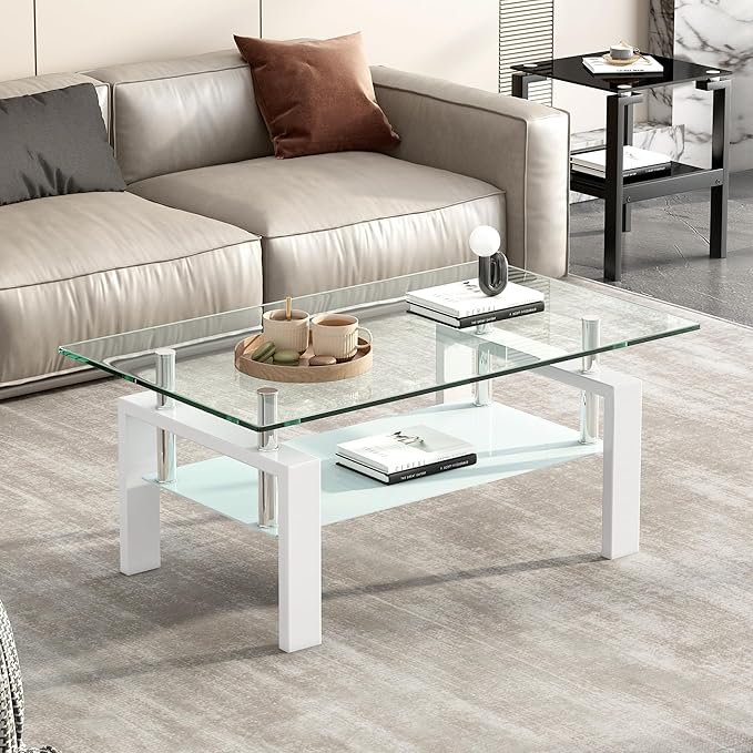 Glass Coffee Table Rectangle White Living Room Center Table, 39inch Transparent Tempered Glass Tabletop and Metal Frame, White + Clear Glass-Ruum Studio Home
