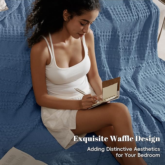 PHF 100% Cotton Waffle Weave Blanket Twin Size, Soft Lightweight Breathable Cozy Summer Blankets for Bed, Luxury Aesthetic Woven Bedding for Home Decor, 66"x90", Captain's Blue-Ruum Studio Home