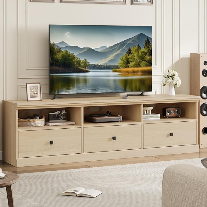 IDEALHOUSE 70in TV Stand for TVs up to 80", Mid Century Modern Entertainment Center with Storage Drawer and Open Shelves, TV Console Media Cabinet for Living Room, Bedroom (Light Oak)-Ruum Studio Home