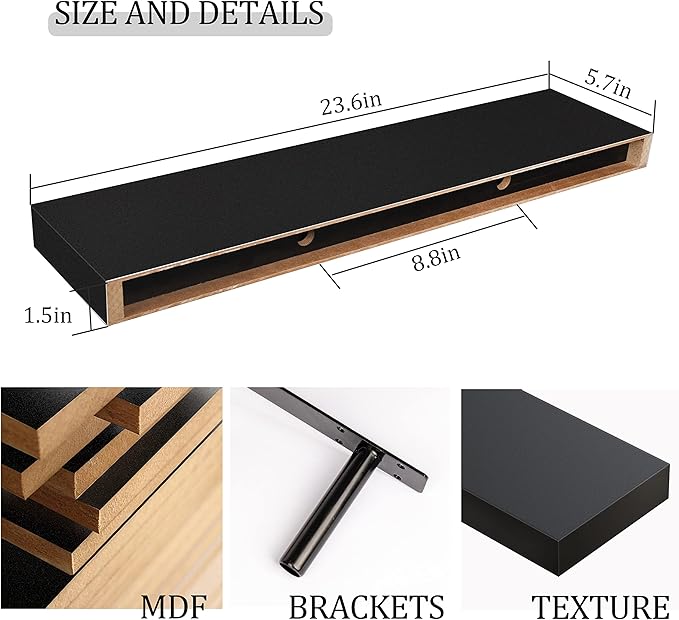 BAMEOS Floating Shelf,Wall Shelf,Decor Wall Mounted Shelves,Hanging Shelf Set L24xW6 for Bathroom Kitchen Living,Kitchen,Room Bedroom Storage,Black-Ruum Studio Home