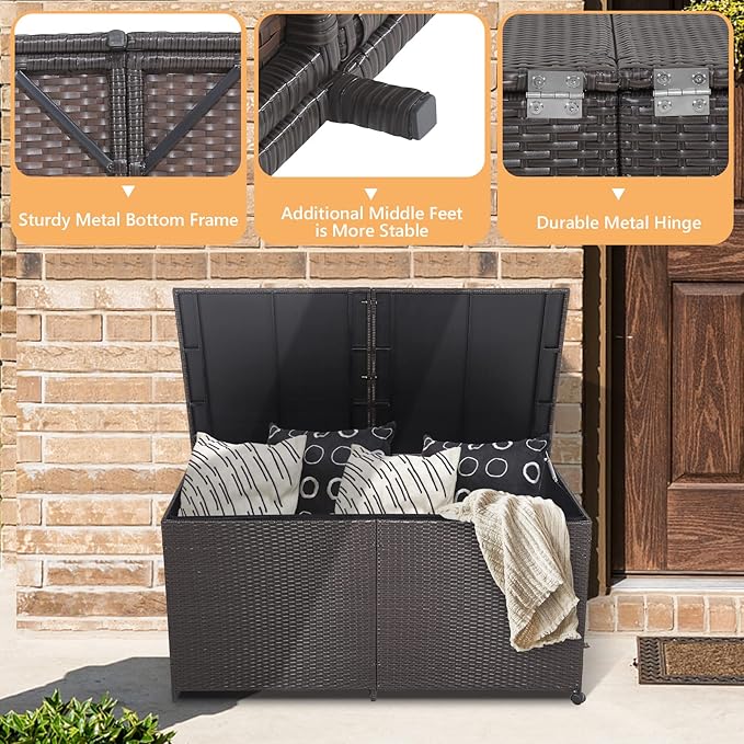 HAPPYGRILL 175 Gallon Outdoor Rattan Deck Box, Wicker Storage Bin with Zippered Liner & 2 Universal Wheels, Safe Pneumatic Rod, Patio Rattan Storage Container for Cushions Pillows-Ruum Studio Home