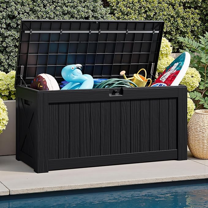 JUMMICO 120 Gallon Resin Deck Box, Large Outdoor Storage Box Waterproof & Lockable for Garden, Patio, Pools (Black)-Ruum Studio Home