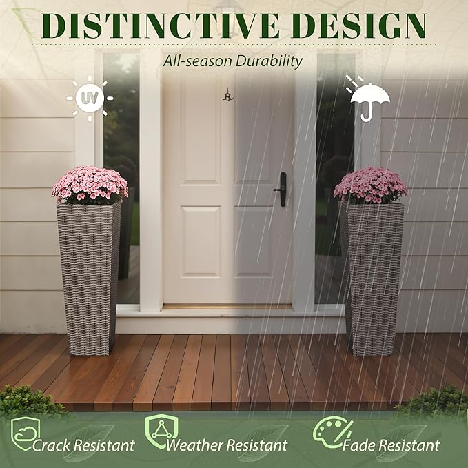 JUMMICO Set of 2 Resin Rattan Tall Planters for Outdoor Plants, Large Tapered Planters with Drainage Holes&Inner Trays, Flower Pots for Garden, Patio, Porch, Backyard (Brown, 32'')-Ruum Studio Home