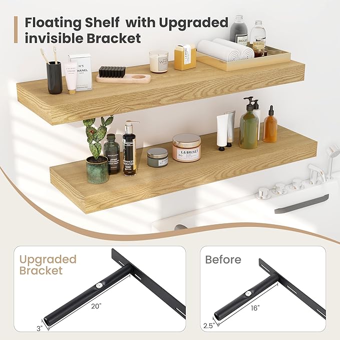 Heimlove 12" Deep Floating Shelves, 36 x 12 Inch Wall Mounted Long Floating Shelf with Invisible Brackets, for Home Decor, Bedroom, Kitchen, Living Room, Bathroom - 2 Pack, Oak-Ruum Studio Home