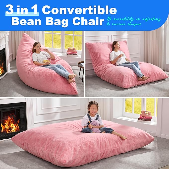 Hobestluk 3 in 1 Bean Bag Chair Giant Bean Bag Chairs for Adults with Chevron Plush Fur Cover Convertible Bean Bag Floor Cushion with Machine Washable Cover for Living Room (Plush Pink)-Ruum Studio Home