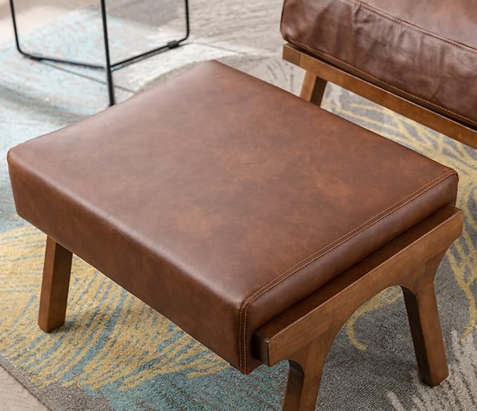 Brown Leather Accent Chair and Ottoman, Mid Century Modern Arm Chair, Retro Upholstered Armchair with Wood Frame & Removable PU Cushions, Large Leisure Slipper Chair for Living Room/Bedroom, Set of 2-Ruum Studio Home