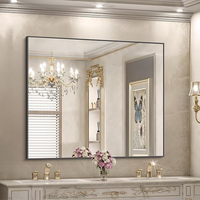 Black Bathroom Mirror for Wall, 36x40 Inch Rectangle Mirrors with Metal Frame, Modern Rectangular Wall Mirror for Bathroom Living Room, Entryway Hangs Horizontal or Vertical-Ruum Studio Home