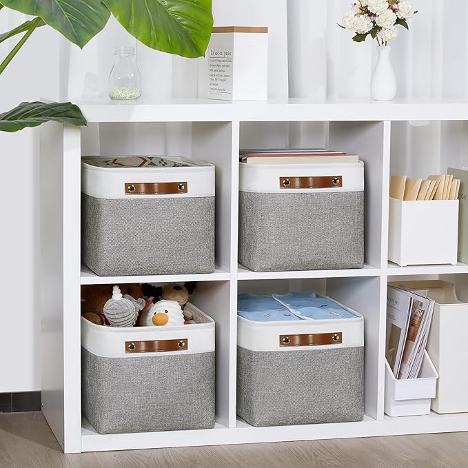 DULLEMELO Fabric Baskets for Storage, Office, Home,Nursery,Organizing Baskets for Shelves, Bedroom, Toys,Gift,Fabric Storage Basket with Handles(White&Grey,15"x11"x9.5",4-Pack)-Ruum Studio Home