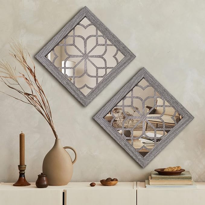Boho Square Wall Mirrors Set of 2-12" x12'Decorative Mirrors for Wall Decor, BrownHandcrafted Mirror Panels Perfect for LivingRoom Bedroom Entryway Hallway (Brown)-Ruum Studio Home