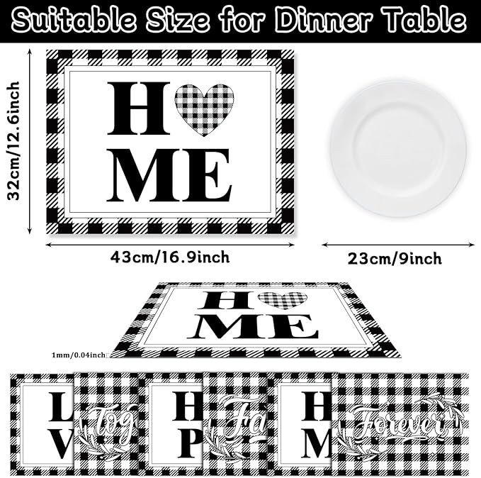 Love Family Placemats Set of 6 Buffalo Plaid Plastic Table Mats Black and White Plaid Place Mats Washable Vinyl Love Home Checkered Table Decoration for Indoor Outdoor Party Kitchen Dining-Ruum Studio Home