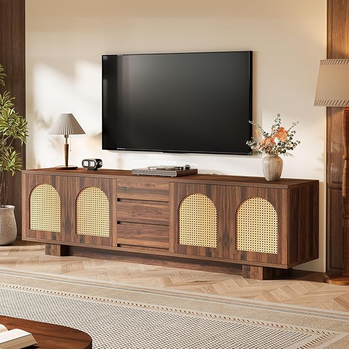 Tribesigns 70.9" TV Stand for TVs up to 80 Inches, Mid-Century Modern Entertainment Center with Storage and Drawers, Rattan Media Console TV Cabinet for Living Room, Bedroom, Walnut-Ruum Studio Home