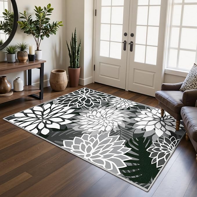 Area Rug 3x5 Black White Washable Entry Rug Multicolored Tropical Botanical Modern Floral Indoor Kitchen Door Mat Entrance Carpet Non Slip for Bedroom Living Room, Porch-Ruum Studio Home