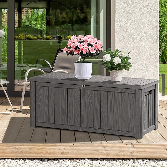 150 Gallon Resin Deck Box, Waterproof Outdoor Storage Bin for Patio Furniture, Pool Accessories, and Garden Tools, Lockable & UV-Resistant, Grey-Ruum Studio Home