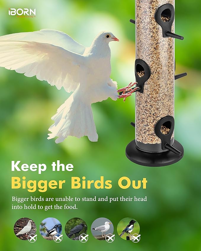 iBorn Metal Bird Feeder Hanging Wild Bird Seed Feeder for Mix Seed Blends Heavy Duty All Metal Black Finish,14 Inch 6 Port,Pack of 2-Ruum Studio Home