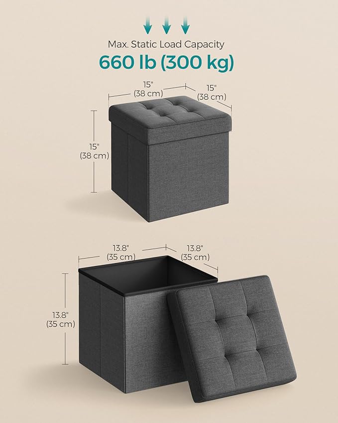 SONGMICS Folding Storage Ottoman Bench，38 x 38 x 38 cm， Ottoman Foot Rest, End of Bed Bench, Storage Chest, Load 300 kg, for Living Room, Bedroom, Entryway, Dorm, Dark Gray ULSF27Z-Ruum Studio Home