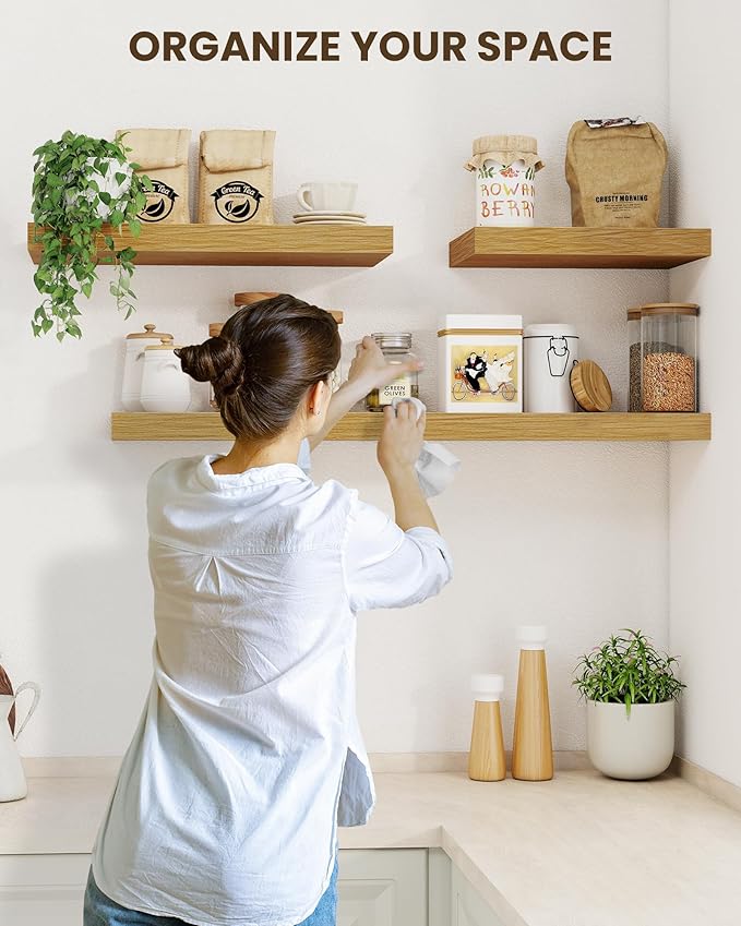 Marsmiles 30" Floating Shelves for Wall, Wooden Shelves with Invisible Brackets Set of 2, Rustic Farmhouse Wall Mounted Shelf for Kitchen Bathroom Living Room Study, Natural Oak-Ruum Studio Home