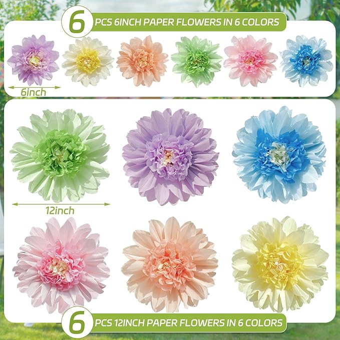 Homarkable Pastel Paper Flowers,12 Pcs Crepe Paper Flowers Decorations,6 in,10 in Flower for Wedding Party Baby Bridal Shower Carnival Party Nursery Wall Decor-Ruum Studio Home