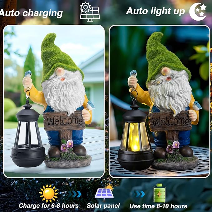 Garden Gnome Outdoor Statues with Solar Lights,Resin Flocked Solar Gnome Statue Holding Lantern,Outdoor Gnomes Decorations for Garden, Patio Gnome Gifts for Mom-Ruum Studio Home