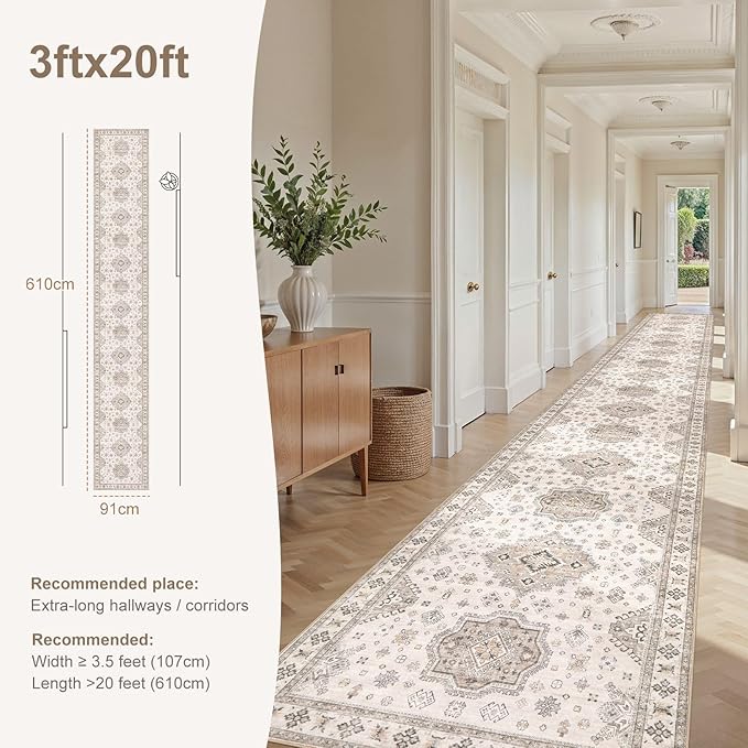 Washable 3x20 Runner Rug - Area Rugs Neutral Vintage Distressed Floral Farmhouse Boho Large Soft Floor Rug Indoor Carpet for Hallway Entryway Home - Beige Brown-Ruum Studio Home